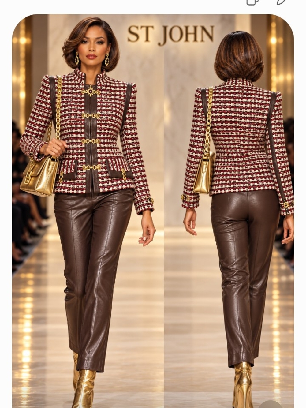 St John 10/12 Burgundy Cream Brown Boucle Knit Jacket Brown Leather Pants Suit - Picture 14 of 14